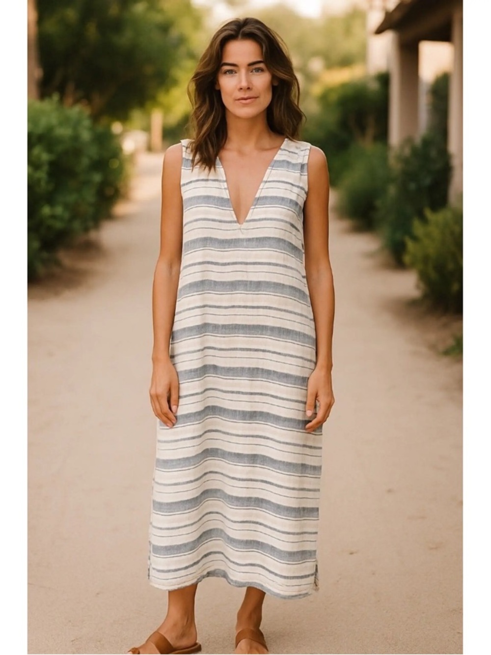 Athleta Sleeveless V-Neck Striped Linen Maxi Dress - Blue & Cream